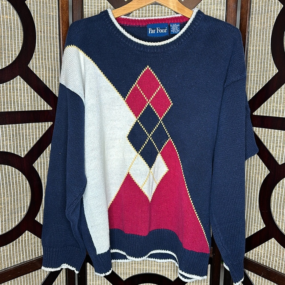 Par Four Argyle Color Blocked Argyle Diamond Sweater Size L Navy Red Vintage